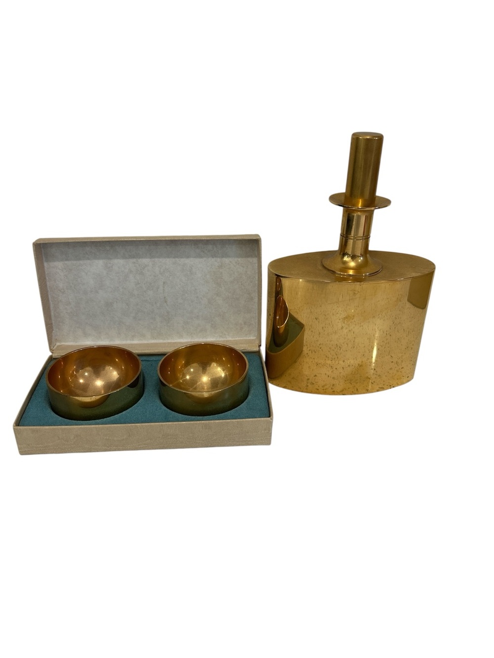Skultuna Pierre Forssell 23K  gold plated brass decanter flask w/2 cups set